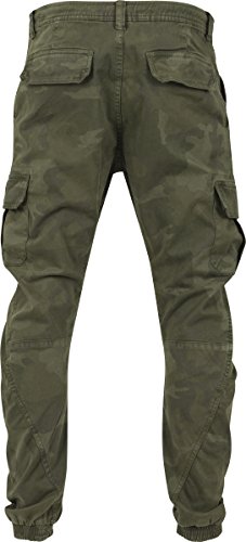 URBAN CLASSICS Pantalón jogging Camo Cargo con bolsillos de parche laterales y traseros, ajuste holgado, estampado camuflaje, cintura cordón, puños elásticos, color Verde Camo, talla 32