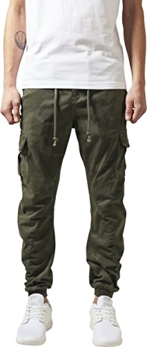 URBAN CLASSICS Pantalón jogging Camo Cargo con bolsillos de parche laterales y traseros, ajuste holgado, estampado camuflaje, cintura cordón, puños elásticos, color Verde Camo, talla 32