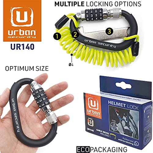 urban UR140 Candado para Casco Moto, Mosquetón Candado para Casco Ligero, Antirrobo Casco con Código Seguridad Combinación Kit Bloqueo + Cable de Acero Flexible + Adaptador