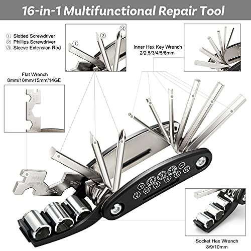 URBZUE Kit Reparación Herramientas Bicicleta 27pcs, con 16 en 1 Herramienta Multifunción, Plegables y Portátil, Reparación de Pinchazos, con Bolsa, Parches y Palancas para Neumáticos