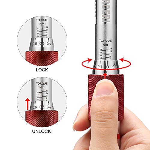 URCERI llave dinamométrica 1/4’’, llave de torque de bicicleta 2-15Nm, llave de torsión, 9 puntas allen, T25 T30, carraca de 72 dientes Escala Dual; Drive Click, Calibrada de Clic