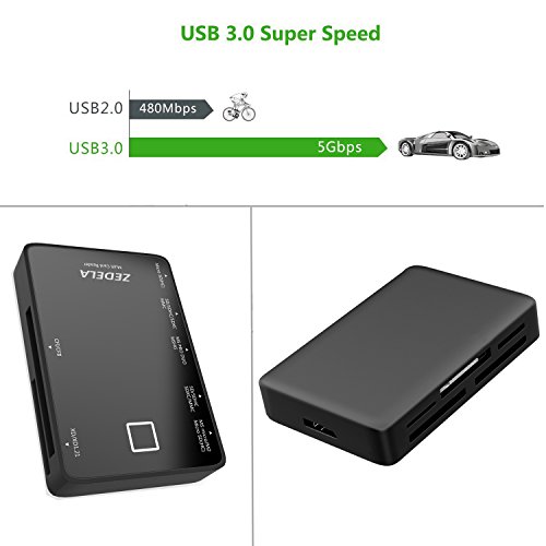 USB 3.0 Multi Lector de Tarjetas 7 en 1 | Lector Externo de Tarjetas superrápido | Lectura paralela de Varias Tarjetas de Memoria | Plug & Play | Mac y PC | Card Reader para | Potente LED | (Negro)