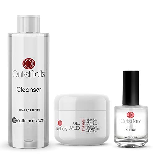 UV Gel Builder Rose 50ml + Primer 15ml sin acido + Limpiador 100ml Cherry | Para uñas de gel de Outlet Nails