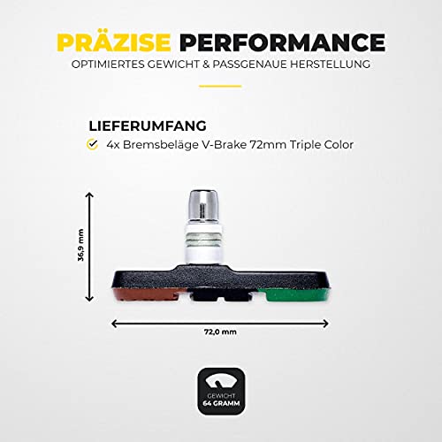 V-Brake Zapatas Freno 2 Par 72mm Asymmetric I para Shimano, Tektro, Avid, Sram, XLC etc I Alto Rendimiento I Durable & Ajuste V Pastillas de Freno Bicicleta