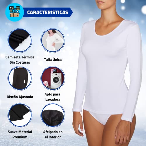 Valko Camiseta Térmica para Mujer - Ropa Térmica - Camiseta Interior - Manga Larga - Invierno - Cálido - Regalo Navidad - Talla Única - Sin Costuras - Camiseta Afelpada Invierno (Blanco)