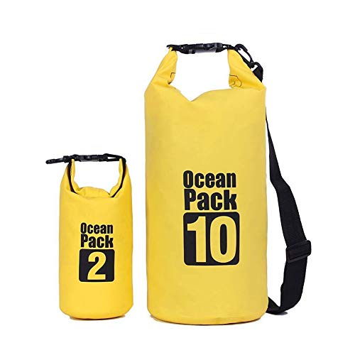 ValueHall (2 Pack) 10L / 2L Ligero Impermeables Bolsas secas con Lona Resistente al Agua 500D Resistente Correa de Hombro Ajustable, además de la Caja del teléfono Resistente al Agua Libre (Amarillo)