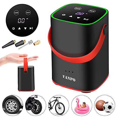 VANPO Inflador Ruedas Coche, Compresor Aire Portatil con 2000 mAh Batería Recargable, 150PSI 12V Bomba de Aire, Pantalla LED Táctil Digital Inflador Electrico Hinchador para Coche, Bici, Moto, Balones