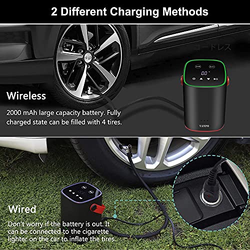 VANPO Inflador Ruedas Coche, Compresor Aire Portatil con 2000 mAh Batería Recargable, 150PSI 12V Bomba de Aire, Pantalla LED Táctil Digital Inflador Electrico Hinchador para Coche, Bici, Moto, Balones