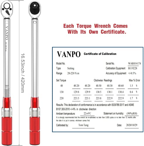 VANPO Llave Dinamométrica 1/2", 20-220 Nm Llave Dinamométrica Set, Alta Precisión de ±3%, Barra de Extensión de 12,5 cm y 7,5 cm, 5 Tomas (17 mm, 19 mm, 21 mm, 23 mm, 24 mm) para Coche, Camión, Moto