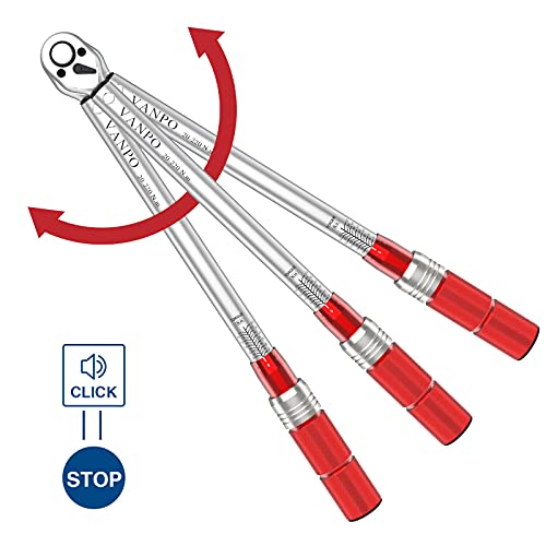 VANPO Llave Dinamométrica 1/2", 20-220 Nm Llave Dinamométrica Set, Alta Precisión de ±3%, Barra de Extensión de 12,5 cm y 7,5 cm, 5 Tomas (17 mm, 19 mm, 21 mm, 23 mm, 24 mm) para Coche, Camión, Moto