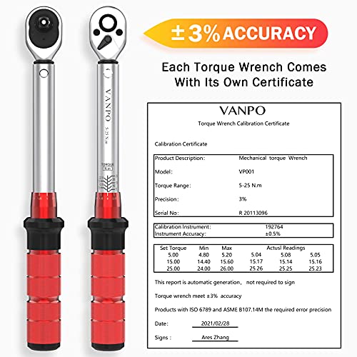 VANPO Llave Dinamométrica 1/4", Llave de Torque 5-25 Nm con Carraca de 45T, Precisión ±3%, Barra de Extensión, 1/4" Llave de Ttrinquete, Puntas Vasos, 17 Piezas Reparación Set para Bicicleta, Moto