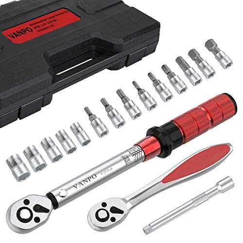 VANPO Llave Dinamométrica 1/4", Llave de Torque 5-25 Nm con Carraca de 45T, Precisión ±3%, Barra de Extensión, 1/4" Llave de Ttrinquete, Puntas Vasos, 17 Piezas Reparación Set para Bicicleta, Moto