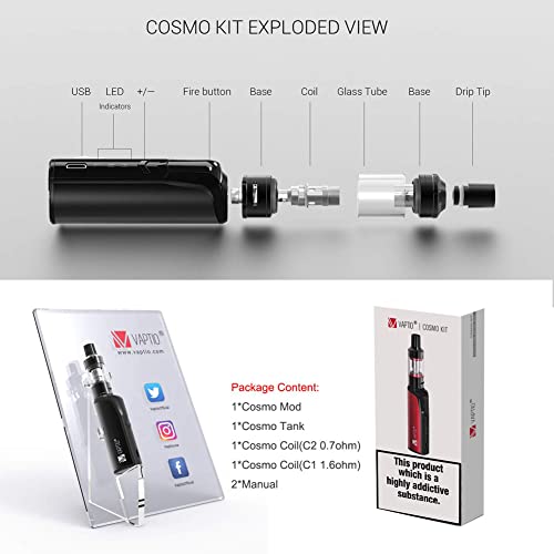 VAPTIO Kit de inicio Cosmo Kit Batería incorporada 1500mAh Cigarrillo electrónico Vape Pen 30W Tanque Cosmo de 2,0 ml Sin E-líquido Sin Nicotina (Morado)