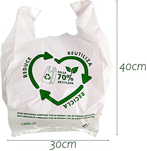Various Bolsas de Plástico Tipo Camiseta Resistentes, Reutilizables y Recicladas Tamaño 70% Recicladas Cumple Normativa Aptas Uso Alimentario