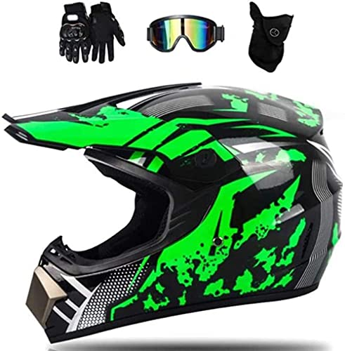 Vbnmda Casco de Motocicleta Conjunto Cruzado Verde Auricular Verde con 4 Piezas Gafas de Motocross Cross Cross Cross Child Headset Motocicleta Bike Auriculares BMX Enduro Descenso Off Road MTB-SG