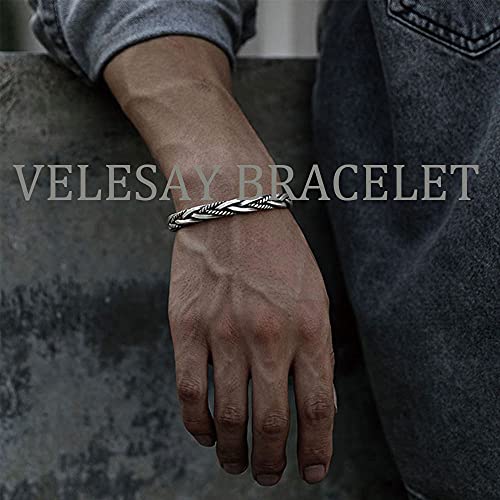 VELESAY Pulsera de Plata Trenzado Cuff Mujer Pulsera Vikinga Hombre Ajustable Joyería