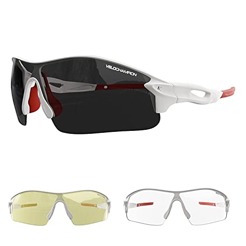 Velochampion Warp Ciclismo Conducción Mtb Gafas de Sol Híbridas Correr Gafas Deportivas Protección Uv400 y 2 Lentes de Repuesto Incluidos (Blanco)