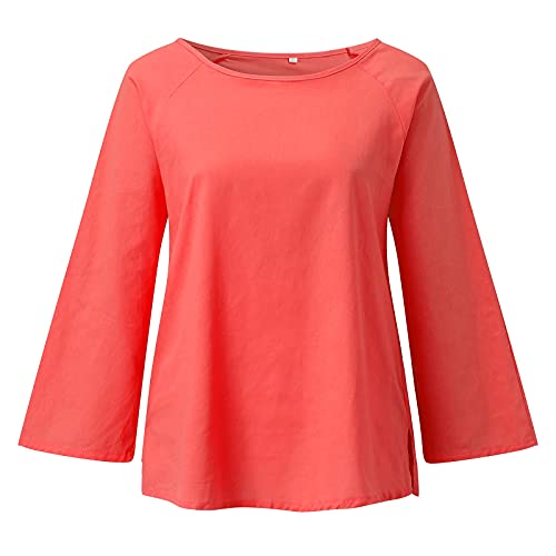 VEMOW Blusa Womens Casual O-Cuello 3/4 Manga Lino sólido Camiseta Suelta Pullover Top…(A Naranja,L)