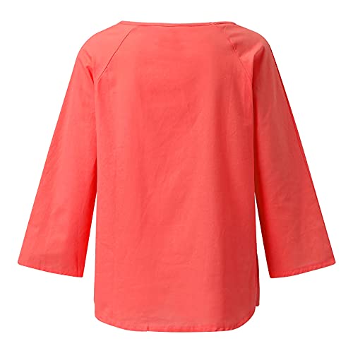 VEMOW Blusa Womens Casual O-Cuello 3/4 Manga Lino sólido Camiseta Suelta Pullover Top…(A Naranja,L)