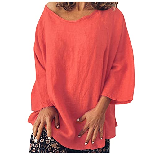 VEMOW Blusa Womens Casual O-Cuello 3/4 Manga Lino sólido Camiseta Suelta Pullover Top…(A Naranja,L)