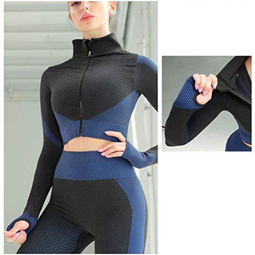 Veriliss 3 Piezas Mujer Yoga Traje Entrenamiento Para, Gym Mallas de Yoga Sin Costuras y Sujetador Deportivo Elástico Ropa de Gimnasio (NegroAzul, S)