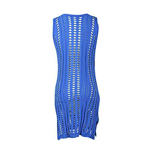 Vestido de Playa Pareo de Punto para Mujer Mini Vestido sin Manga de Tirantes Cubierta de Bikini Cover Up de Bañador con Cuello en V Traje de Baño para Mar Viaje Vacaciones (Azul, S)