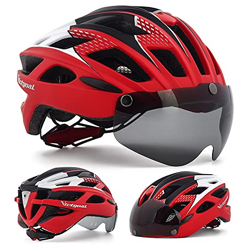 VICTGAOL Casco Bicicleta Helmet Bici Ciclismo para Adulto con Luz Trasera LED Visera Extraíble Hombres Mujeres Adultos de Bicicleta para Montar (Rojo)