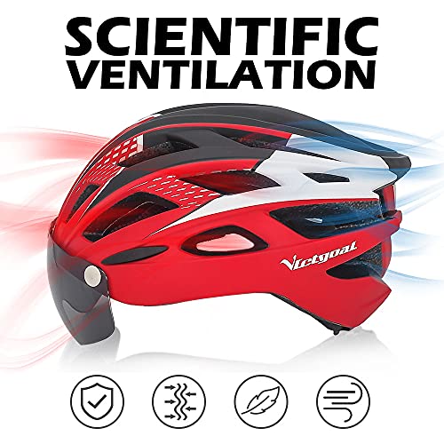 VICTGAOL Casco Bicicleta Helmet Bici Ciclismo para Adulto con Luz Trasera LED Visera Extraíble Hombres Mujeres Adultos de Bicicleta para Montar (Rojo)