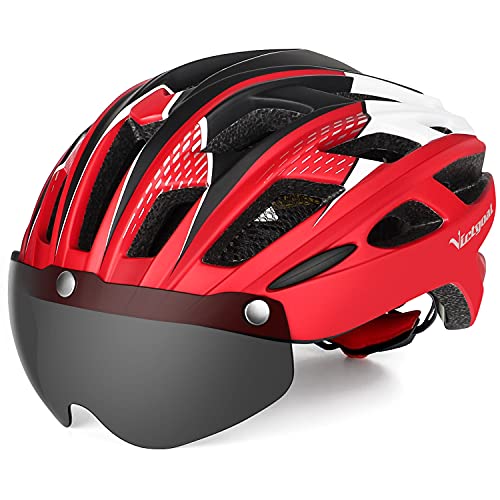 VICTGAOL Casco Bicicleta Helmet Bici Ciclismo para Adulto con Luz Trasera LED Visera Extraíble Hombres Mujeres Adultos de Bicicleta para Montar (Rojo)