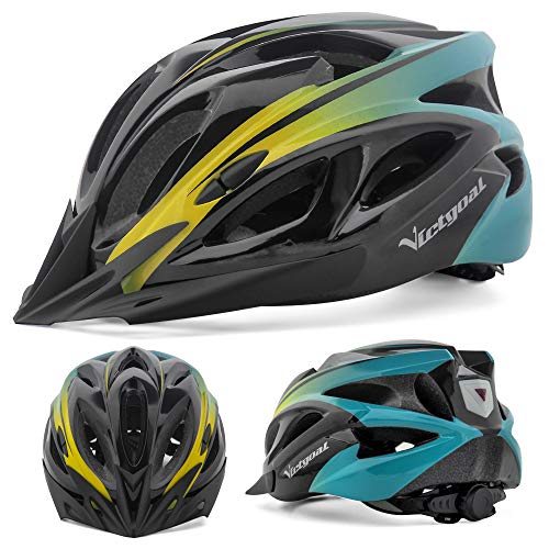 VICTGOAL Casco Bicicleta Adulto Casco de Montaña Luz LED con Visera de Seguridad Extraíbles para Hombre Mujer 57-61 CM (Negro Cian)