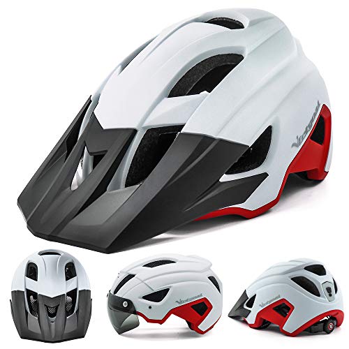 VICTGOAL Casco Bicicleta Adulto MTB Casco con Luz LED Trasera con Gafas Magnéticas Visera Extraíble Casco Bicicleta Ajustable para Hombres Mujeres (Blanco Rojo)