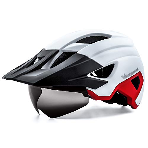 VICTGOAL Casco Bicicleta Adulto MTB Casco con Luz LED Trasera con Gafas Magnéticas Visera Extraíble Casco Bicicleta Ajustable para Hombres Mujeres (Blanco Rojo)