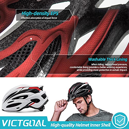 VICTGOAL Casco Bicicleta Adulto Unisexo para Ciclismo MTB Road Race Montaña Casco con Luz Trasera LED Visera Extraíble Hombres Mujeres Adultos Casco (Blanco)