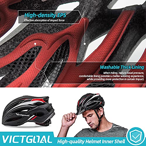 VICTGOAL Casco Bicicleta Adulto Unisexo para Ciclismo MTB Road Race Montaña Casco con Luz Trasera LED Visera Extraíble Hombres Mujeres Adultos Casco (Negro Rojo)