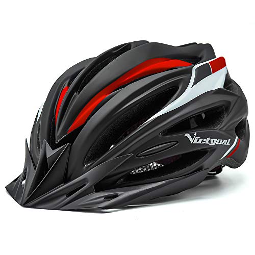 VICTGOAL Casco Bicicleta Adulto Unisexo para Ciclismo MTB Road Race Montaña Casco con Luz Trasera LED Visera Extraíble Hombres Mujeres Adultos Casco (Negro Rojo)