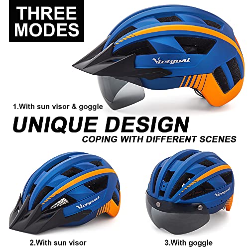 VICTGOAL Casco Bicicleta Casco de MTB con Gafas de Seguridad Magnéticas Extraíbles Visor Desmontable Casco Ligero para Adultos (Azul)