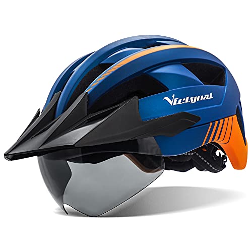 VICTGOAL Casco Bicicleta Casco de MTB con Gafas de Seguridad Magnéticas Extraíbles Visor Desmontable Casco Ligero para Adultos (Azul)