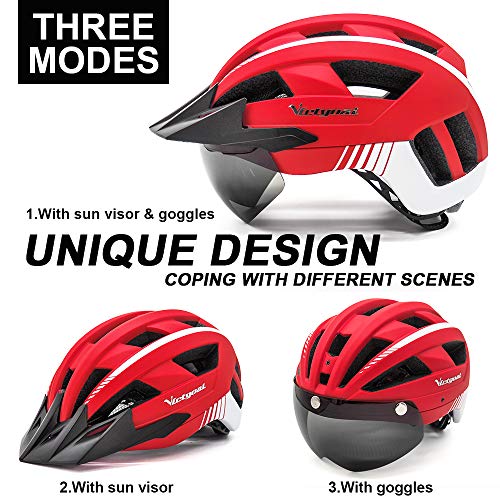 VICTGOAL Casco Bicicleta Casco de MTB con Gafas de Seguridad Magnéticas Extraíbles Visor Desmontable Casco Ligero para Adultos (Rojo)
