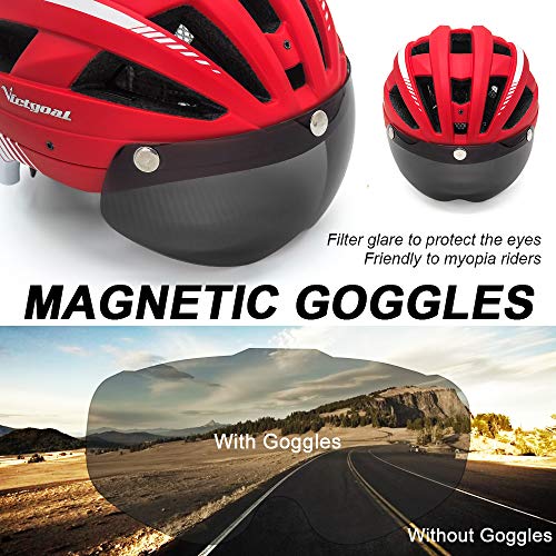 VICTGOAL Casco Bicicleta Casco de MTB con Gafas de Seguridad Magnéticas Extraíbles Visor Desmontable Casco Ligero para Adultos (Rojo)