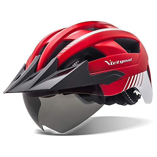 VICTGOAL Casco Bicicleta Casco de MTB con Gafas de Seguridad Magnéticas Extraíbles Visor Desmontable Casco Ligero para Adultos (Rojo)