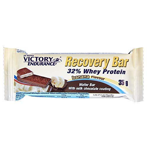 VICTORY ENDURANCE Recovery Bar Sabor Plátano. Barrita recuperadora con 32% de proteína (12x35 g). Barquillo recubierto de chocolate.