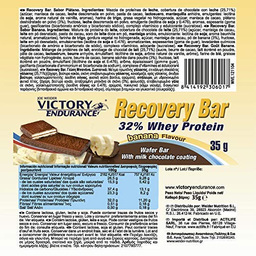 VICTORY ENDURANCE Recovery Bar Sabor Plátano. Barrita recuperadora con 32% de proteína (12x35 g). Barquillo recubierto de chocolate.