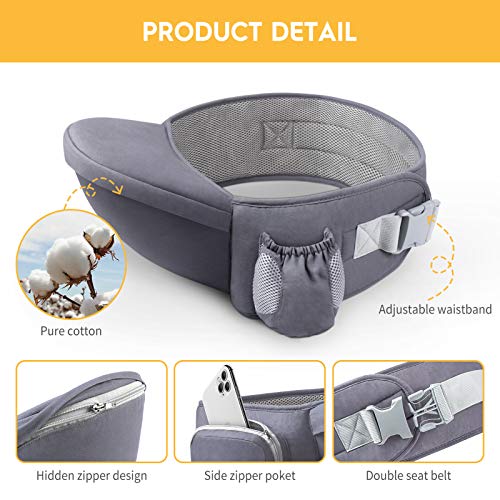 Viedouce Portabebé Ergonómico Asiento de Cadera,Algodón Puro Ligero,Taburete de Cintura de Posición Múltiple por Bebé Niños 6-36 Meses (Gris Oscuro)