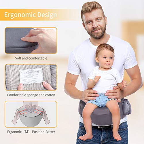 Viedouce Portabebé Ergonómico Asiento de Cadera,Algodón Puro Ligero,Taburete de Cintura de Posición Múltiple por Bebé Niños 6-36 Meses (Gris Oscuro)