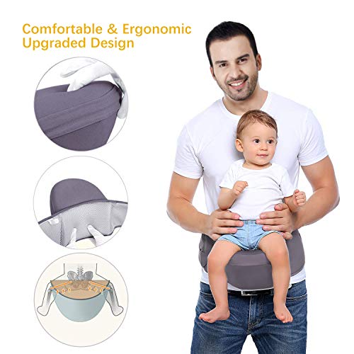 Viedouce Portabebé Ergonómico Asiento de Cadera,con Protección del Cinturón la Seguridad,Algodón Puro Ligero,Taburete de Cintura de Posición Múltiple por Bebé Niños 6-36 Meses(Gris Oscuro)