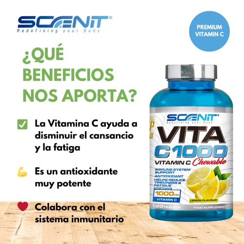 Vitamina C | 1000 mg | 120 tabletas masticables con sabor a limón de Vitamina C Pura | Ayuda a disminuir el cansancio y la fatiga | Antioxidantes para el cansancio, la fatiga y el sistema inmune