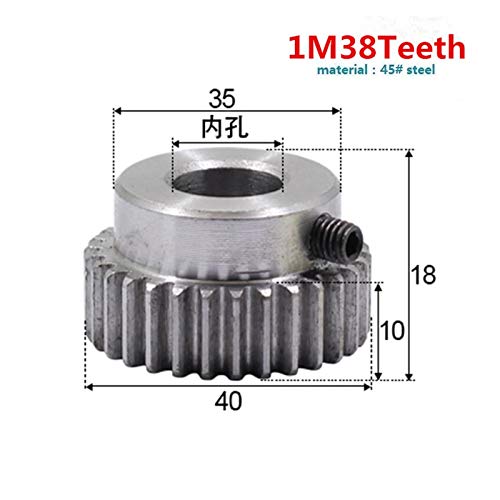 VNEDRJK CHENZHANMAOYI 1pc Spur Engranaje mod1 Engranaje piñón 3T de Acero endurecido 6/8/10 / 12mm Bore M1 38 Diente (Hole Diameter : 10mm, Number of Teeth : 38 Teeth)