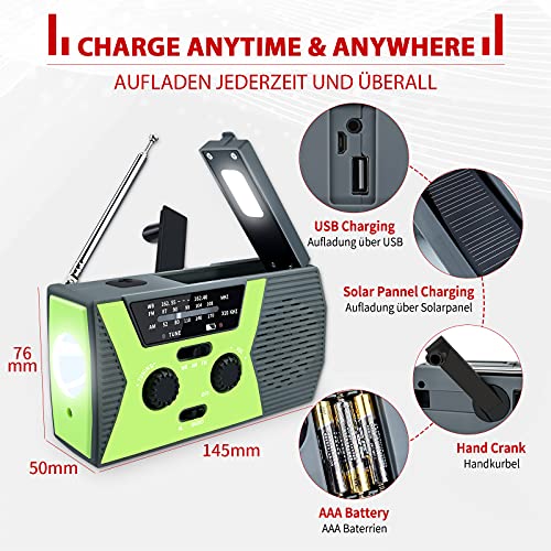 Vokida 4000mAh Radio de Emergencia portatil con Manivela Carga Solar Batería USB SOS Alarm Dinamo LED Linterna, Am/FM para Senderismo y Exteriores