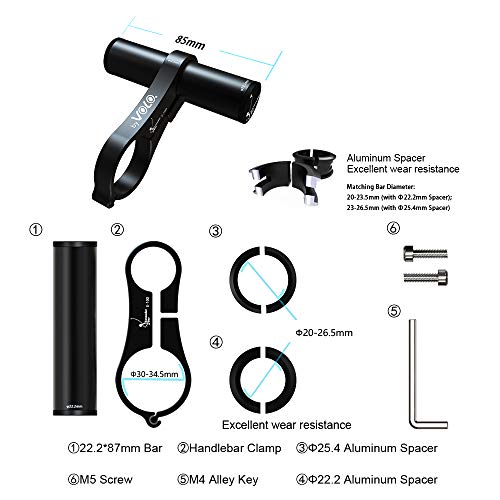 Volo Extender Bar Extensor de Manillar de Bicicleta de Aluminio Soporte de Montaje de extensión de Ciclismo para Soportes de Bicicleta, Servicio de GPS, Faros, etc（Negro, 85）