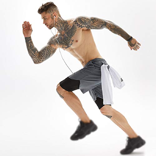 Voqeen 2 en 1 Pantalones Cortos Deportivos para Hombre, Pantalón Corto Deportivo Secado Rápido Shorts con Interna Bolsillo y Enchufe para Auriculares (Gris Oscuro, XXL)